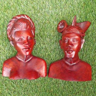 Indonesian Hand Carved Couple - Pair Teak Busts - Wood Bali Man & Woman Carving