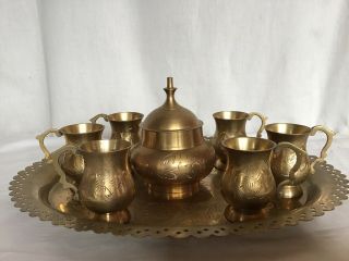 Vintage Indian Brass Lassi Cups Etched Persian Islamic Design Set Of 6 & Tray
