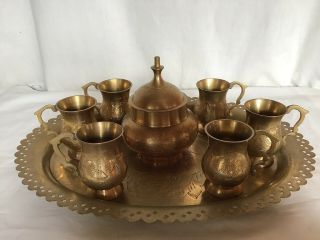 Vintage Indian Brass Lassi Cups Etched Persian Islamic Design Set Of 6 & Tray 2