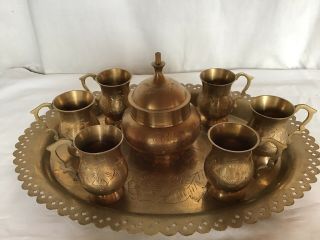 Vintage Indian Brass Lassi Cups Etched Persian Islamic Design Set Of 6 & Tray 3