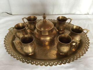 Vintage Indian Brass Lassi Cups Etched Persian Islamic Design Set Of 6 & Tray 4