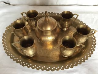 Vintage Indian Brass Lassi Cups Etched Persian Islamic Design Set Of 6 & Tray 5