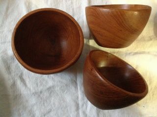 Vintage Retro Mid Century Teak Trio Wooden Bowls Heavy Treen Iron Wood Primitive 2