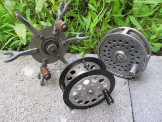 Group Of Vintage Fishing Reels.  Two Fly Reels And Very Old Side Mount Reel