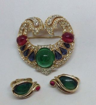 1965 Crown Trifari Jewels Of India Flawed Emerald Cabochon Crescent Scroll Set