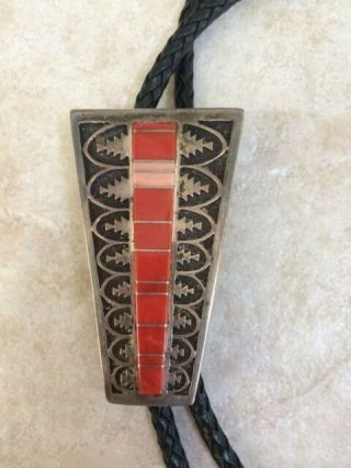 Sterling Silver Vintage Native American Tribal Orange Inlay Bolo Tie,