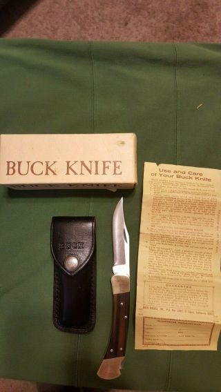 Vintage Buck 110 Folding Hunter Wooden Pocket Knife With Sheath & Box