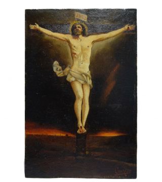 French Antique Religious Jesus Christ Crucifixion Chiaroscuro Painting Signed