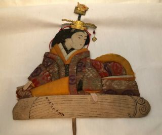 Antique Japanese Oshie Hina Doll Empress Playing Koto Silk Textile Fabric Art