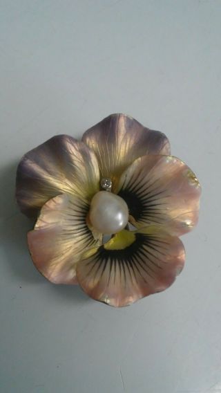 14kt Gold Pansy Flower Watch Pendant Pin Enamel Pearl Diamond Crane & Theuner