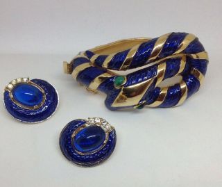 VTG Trifari Garden of Eden Alfred Philippe Snake Bracelet Set - Blue Enamel 2