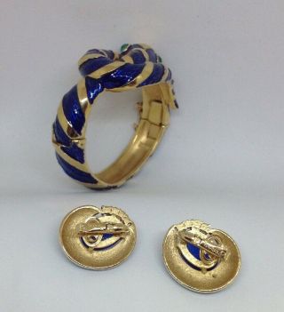 VTG Trifari Garden of Eden Alfred Philippe Snake Bracelet Set - Blue Enamel 4