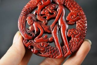 Unique Chinese Old Jade Carved Sexy Man&Woman/Dragon Pendant H88 2