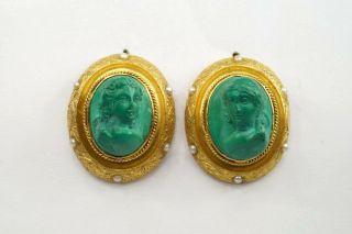 Antique 18k Gold Carved Malachite Eros & Psyche Cameo Stud Earrings C1880