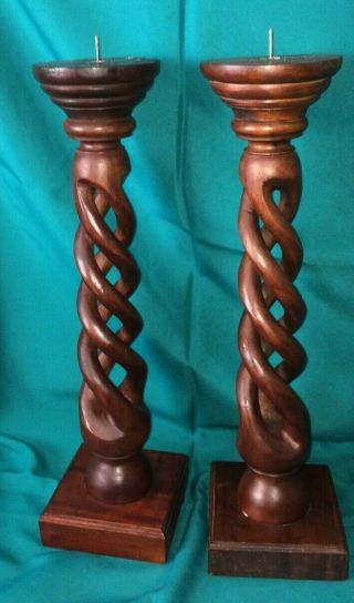 Pair Hand Carved Wooden Candlesticks Open Barley Twist 19.  5 " Tall