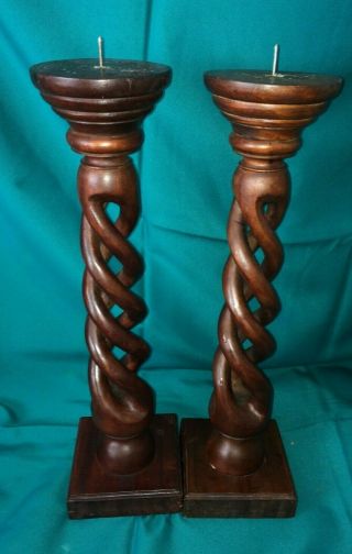 Pair Hand Carved Wooden Candlesticks Open Barley Twist 19.  5 