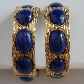 Rare Vintage Paul Flato Textured 18k Gold Lapis Lazuli Hoop Earrings