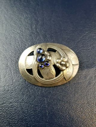 Rare Early Georg Jensen Sterling Silver Brooch Blue Stones Hand Hammered - Nr