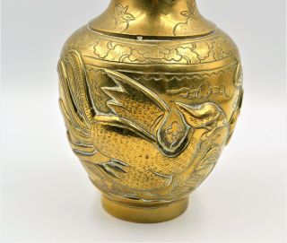 Antique Chinese Polished Bronze Export Vase Raised Decoration Pair Phoenix Stamp 7