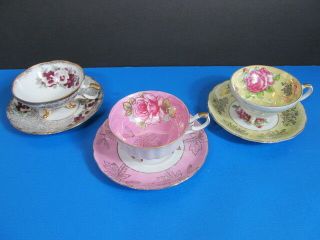 Antique Royal Halsey L M Rose Very Fine Lusterware Teacup & Saucer Set Of 3