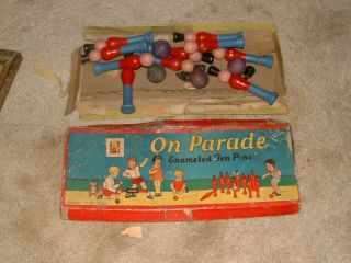 Bimblick Toy Mfg.  Co.  N.  Y.  C.  On Parade Enameled Ten Pin Bowling Set Vintage Rare