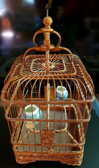 Vintage Chinese Asian Folk Art Carved Ooak Painted Wood Bamboo Bird Cage