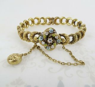 Antique Victorian 14k Yellow Gold Diamond Enamel Repoussé Crescent Link Bracelet
