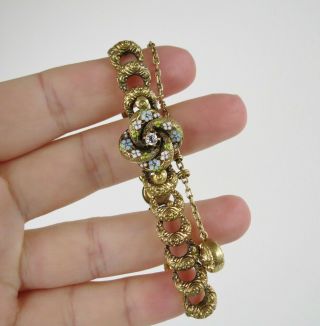 Antique Victorian 14K Yellow Gold Diamond Enamel Repoussé Crescent Link Bracelet 5