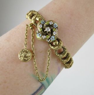 Antique Victorian 14K Yellow Gold Diamond Enamel Repoussé Crescent Link Bracelet 9