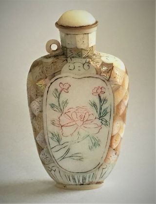 Antique Chinese Mother Of Pearl Snuff Bottle Engraved With Dragon & Flowers