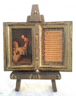 Vtg Wood Florentine Gold Wood Tole Book/home Prayer W/wood Fleur - De - Lis Easel