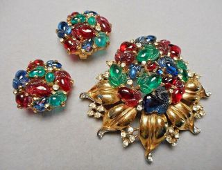 1950s Trifari Tutti Frutti Flower Brooch Pin & Earrings Set Carved Fruit Jewels