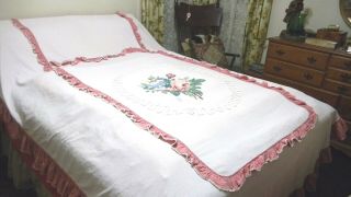 Pair Vintage Martex Cabin Craft Floral Chenille Twin Bedspreads Ruffles Pompom