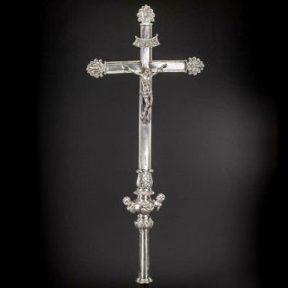 Crucifix Processional Bronze Antique Church Cross Silver Plate Jesus Christ 30 "