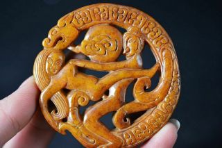 Unique Chinese Old Jade Carved Sexy Man&woman/dragon Pendant H87