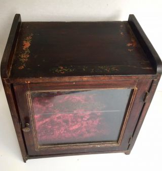 Antique Vintage Hanging Or Table Display Box Wood Glass Asian Decals Glass Shelf