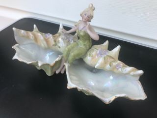 VINTAGE ANTIQUE ART NOUVEAU WOMAN ON CONCH SHELL PORCELAIN FIGURINE MEISSEN ? 2