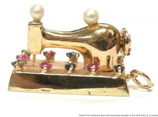 Vintage Sewing Machine Moving Charm 14k Gold Diamond Sapphire Ruby Pendant 14.  5g