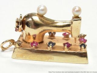Vintage Sewing Machine Moving Charm 14k Gold Diamond Sapphire Ruby Pendant 14.  5g 2