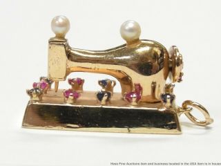 Vintage Sewing Machine Moving Charm 14k Gold Diamond Sapphire Ruby Pendant 14.  5g 3