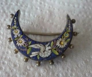 Antique Italian Micro Mosaic Crescent Brooch With Dove Set Silver Metal