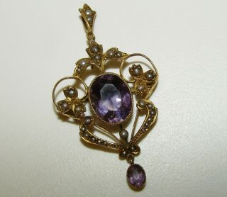 Antique Victorian 9ct Gold Brooch/pendant/large Amethyst,  Split Pearls