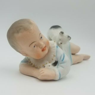 Antique Heubach Piano Baby & Cat Hiding Bunny Porcelain Bisque Figurine