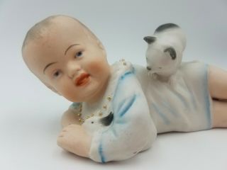 Antique Heubach Piano Baby & Cat Hiding Bunny Porcelain Bisque Figurine 5