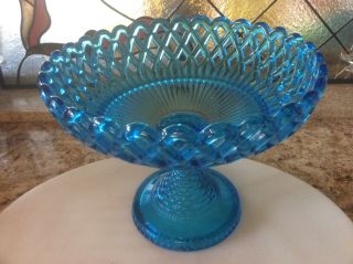 Antique 7 " Turquoise Open Lattice Work Bowl And Basketweave Pedestal Compote