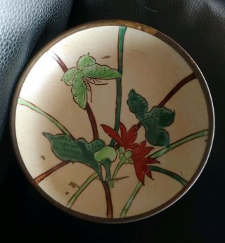 Antique Hand Painted In Hong Kong Oversoy Butterfly Lotus Enamel Metal Dish