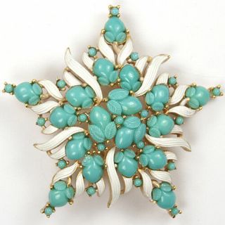 Trifari Alfred Philippe Turquoise Fruit Salads And White Enamel Flaming Star Pin