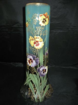 Antique Moser Art Glass Vase,  Enameled Pansies Book Piece,  Stunning Floral Motif