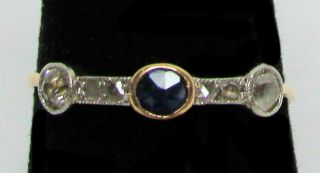 Antique 18k Gold Platinum Tops Rose Cut Diamonds & Ceylon Sapphire Ring