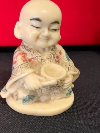 Antique Vintage Hand Carved Signed Bovine Japanese Netsuke Monk & Bowl